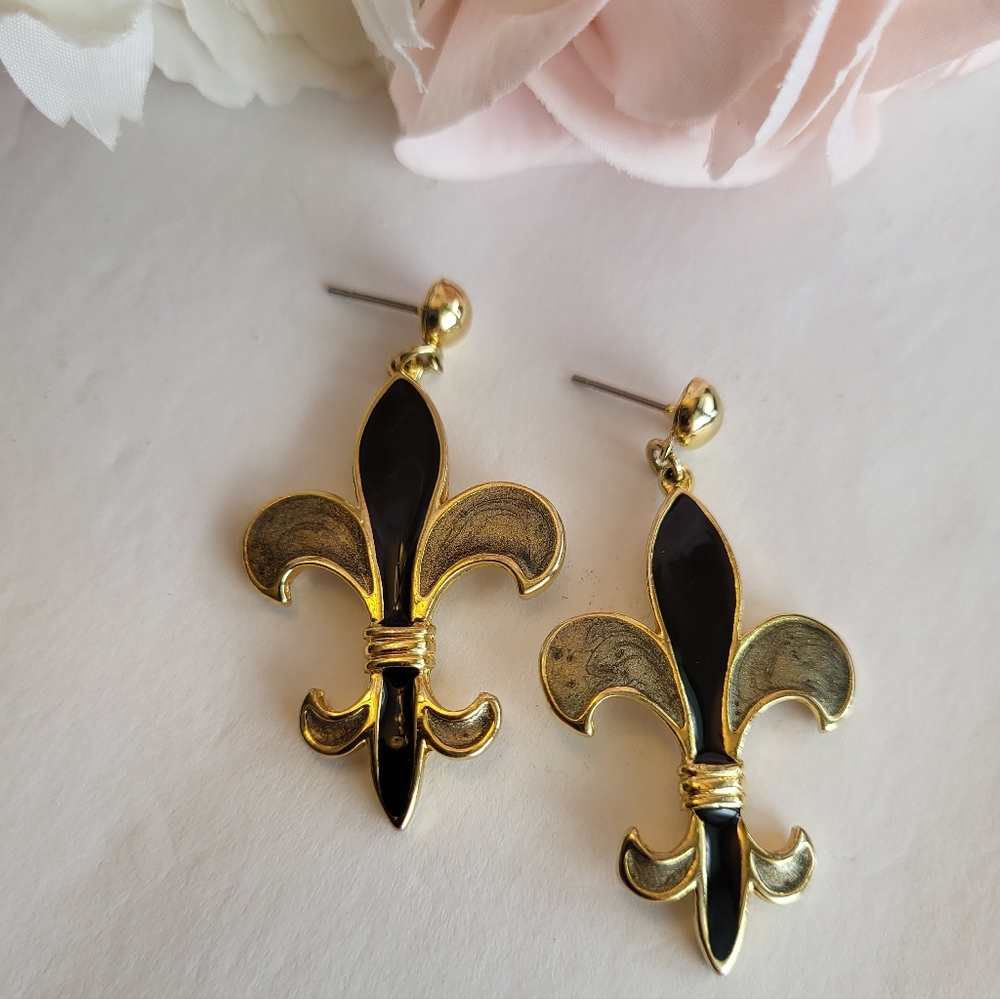 Fleur De Lis Drop Earrings Black Gold Enamel Mardi Gras Saints Fan Jewelry 2" - Picture 2 of 11